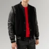 Alexander Black Varsity Fleece Jacket with Real Leather Sleeves