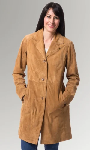 Allen Women's Brown Suede Lapel Collar Leather Long Coat