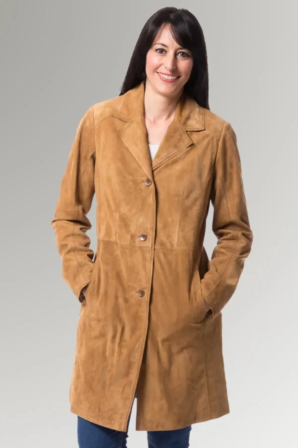 Allen Women's Brown Suede Lapel Collar Leather Long Coat