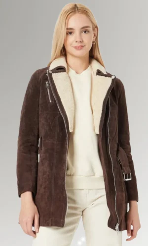 Amanda Bistro Real Suede Shearling Collar Leather Coat