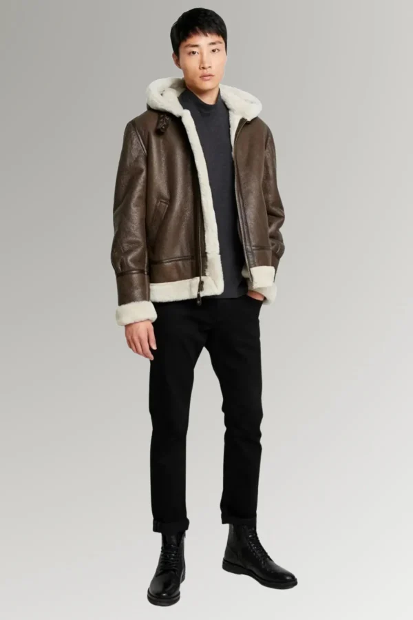 Andrews Brown B3 Bomber Shearling Leather Jacket with Hood