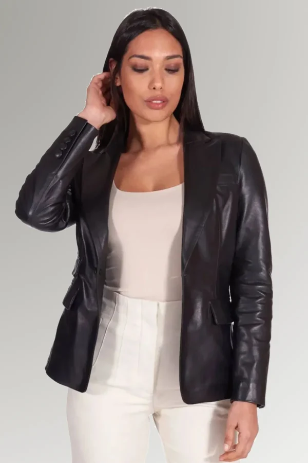 Ariana Hepburn Women's Black Leather Blazer Coat