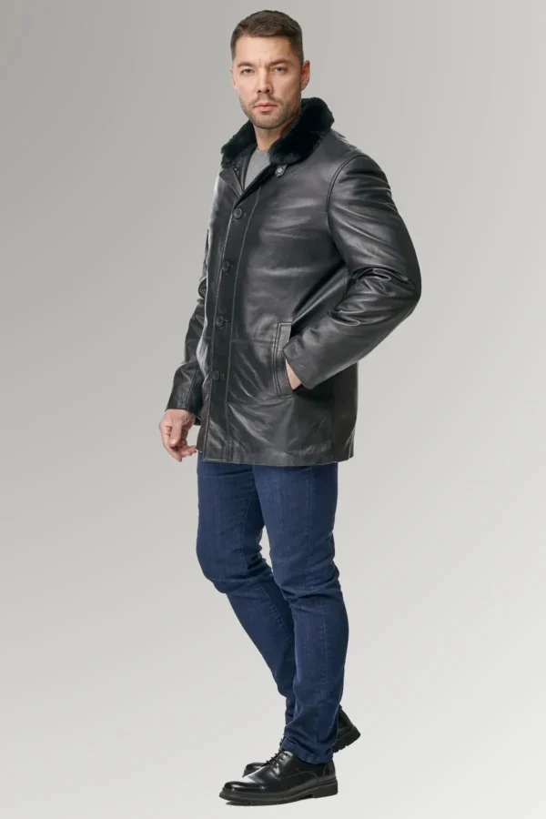Armando Black Biker Racer Leather Coat with Fur Collar