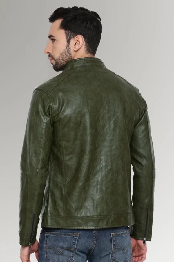 Baker Men's Green Slim Fit Biker Waxed Leather Jacket