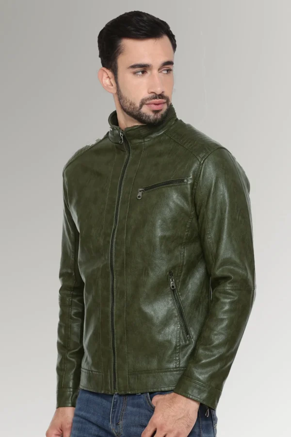 Baker Men's Green Slim Fit Biker Waxed Leather Jacket