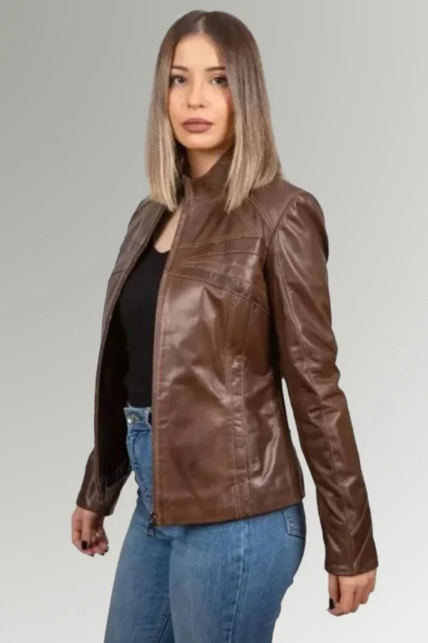 Charlene Nixon Women's Dark Brown Biker Leather Coat
