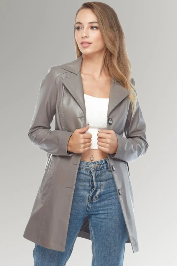 Claire women's Grey Belted Leather Trench Coat