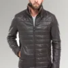 Dunn Men's Brown Bomber Quilted Waxed Leather Jacket