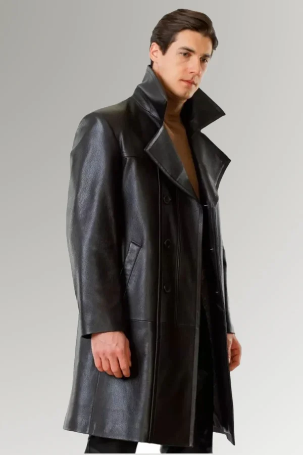 Elliott Men's Black Buttoned Classical Leather Trench Coat