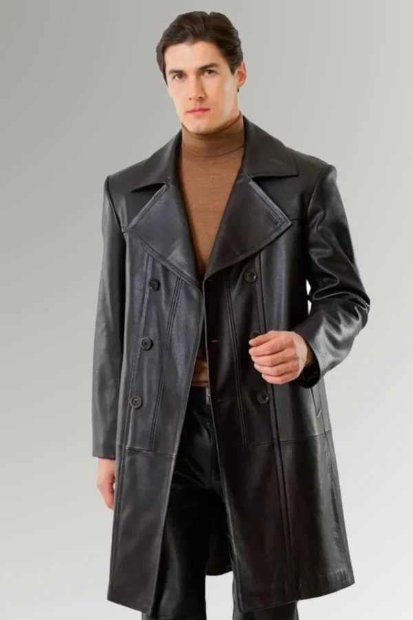 Elliott Men's Black Buttoned Classical Leather Trench Coat