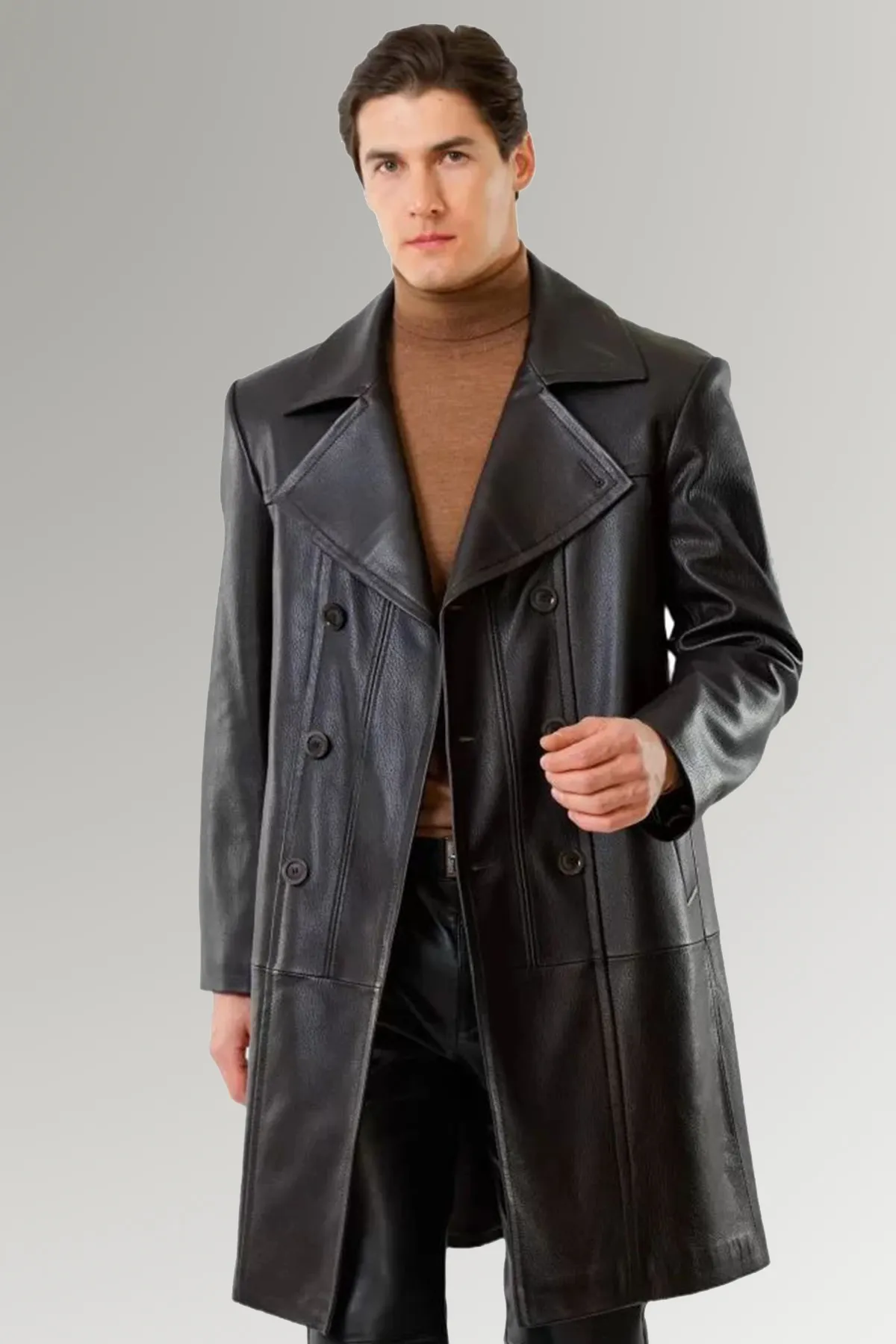 Men's Black Buttoned Classical Leather Trench Coat | MARDAMS