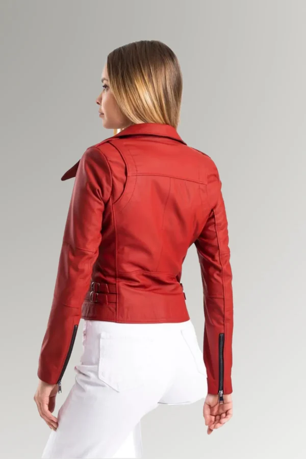 Ellis Women's Red Biker Round Collar Leather Jacket