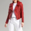 Ellis Women's Red Biker Round Collar Leather Jacket