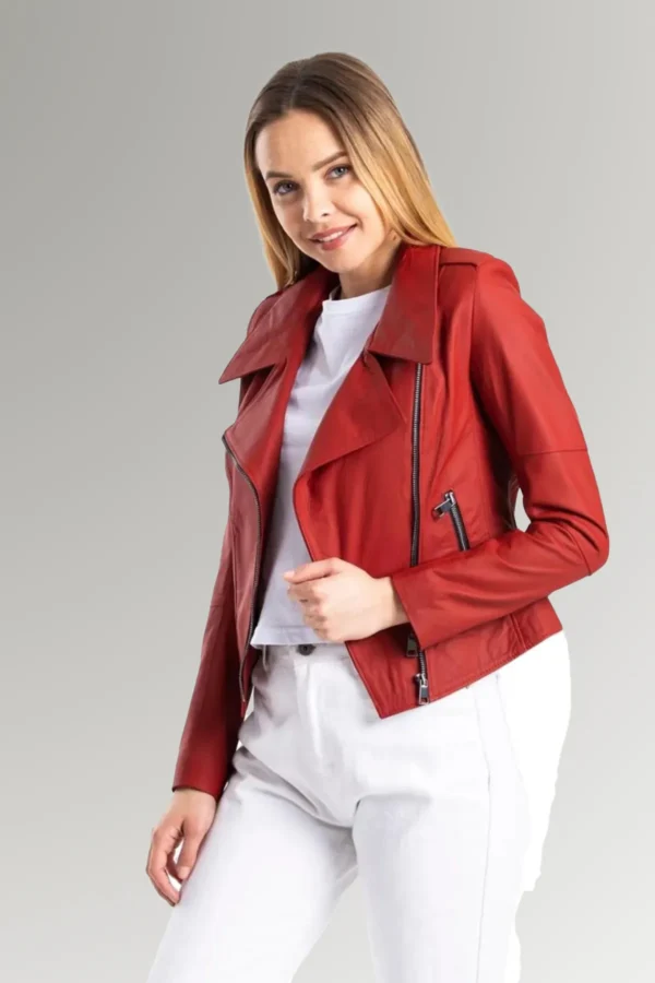 Ellis Women's Red Biker Round Collar Leather Jacket