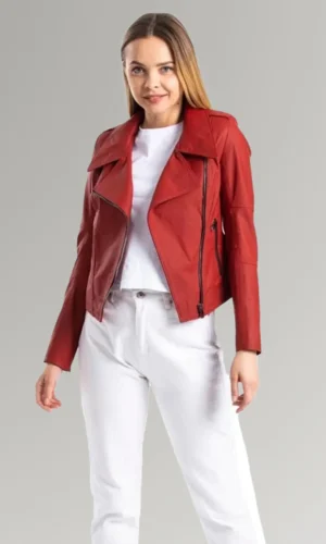 Ellis Women's Red Biker Round Collar Leather Jacket