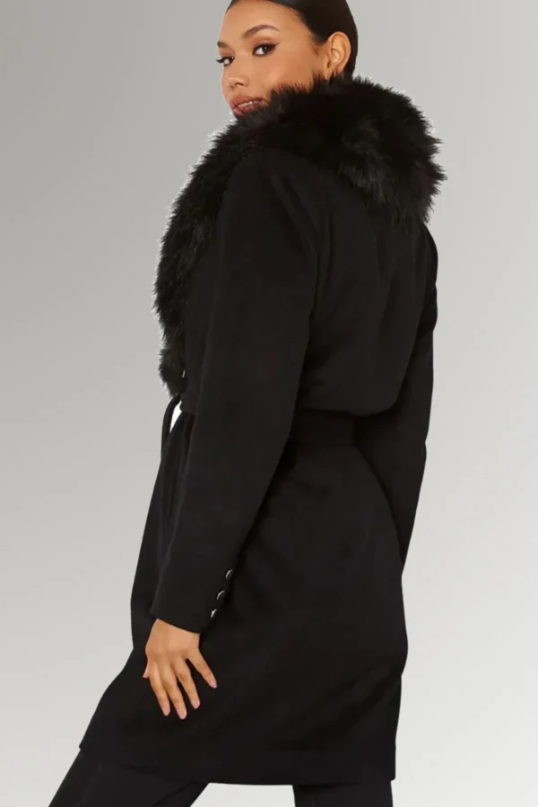 Emma Women's Wool Trench Coat With Black Fur Collar
