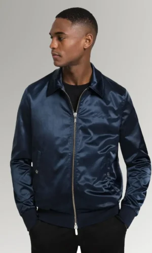 Foster Billy Men's Navy Blue Light Satin Modern Shirt Style College Jacket