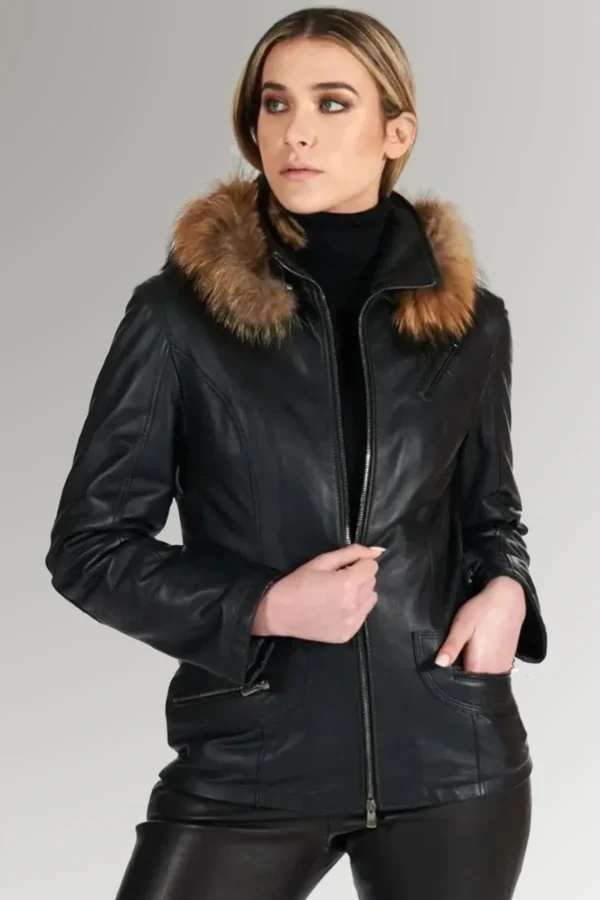 Haley Sawyer Women's Fur Hooded Leather Jacket