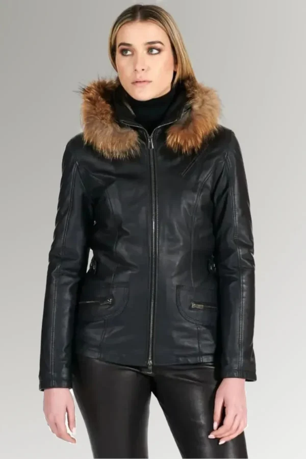 Haley Sawyer Women's Fur Hooded Leather Jacket