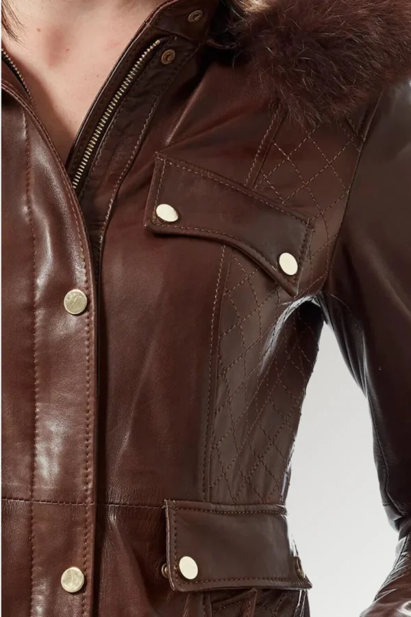 Hayes Women's Shearling Collar Hooded Stylish Vintage Leather Jacket Jacket