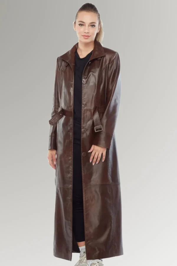 Jeananne Women's Classic Brown Leather Trench Belted Coat