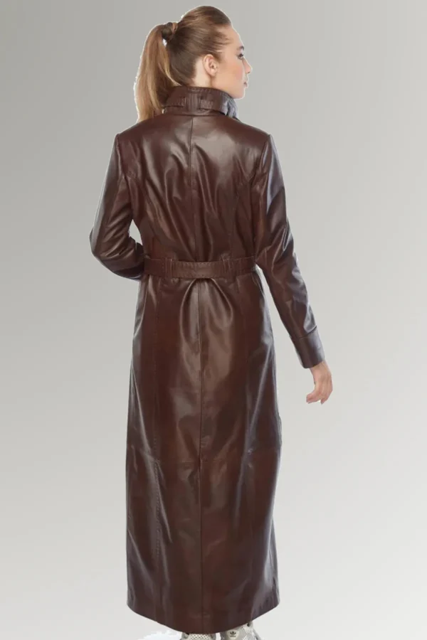 Jeananne Women's Classic Brown Leather Trench Belted Coat