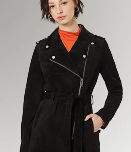 Jenkins Women's Star land Black Suede Belted Leather Coat