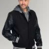 Kennedy Brad Black Varsity Sleeves Bomber Hooded Leather Jacket