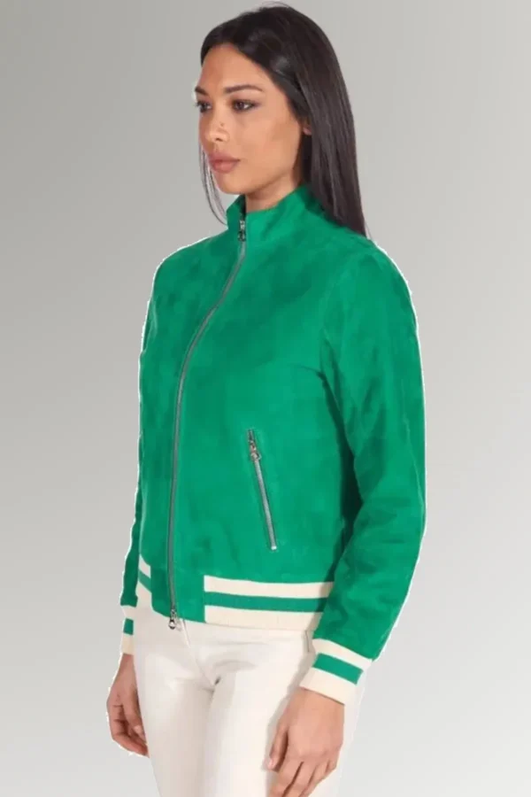 Kierra Women's Green Suede Leather Varsity Jacket