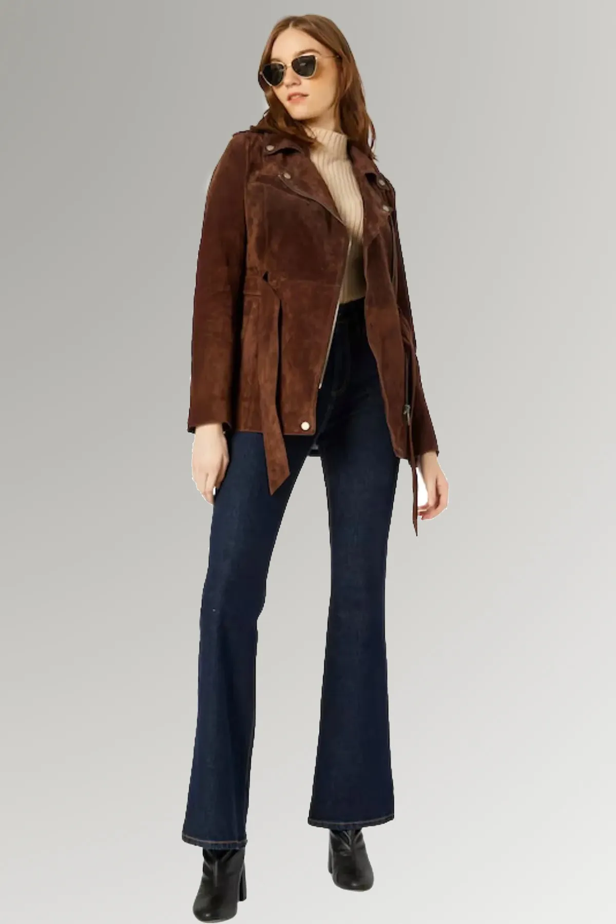 women's Brown Suede Belted Leather Coat | FREE SHIPPING