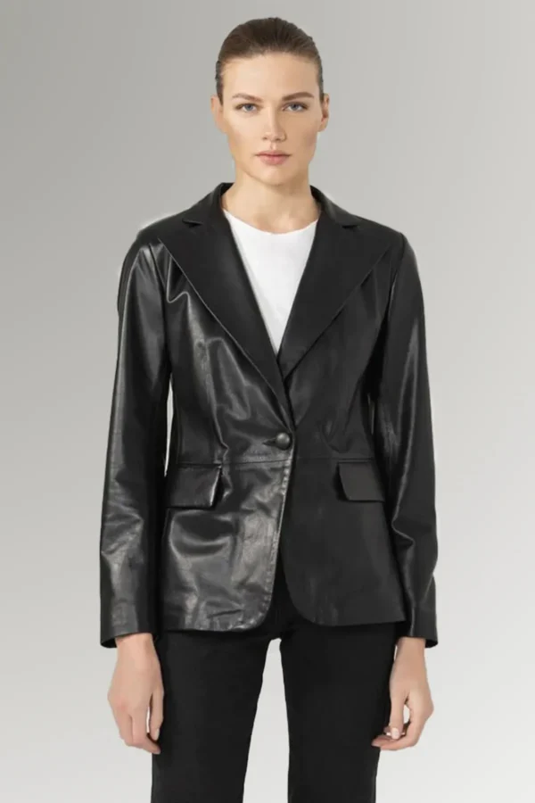 Laura Women's Black Leather Buttoned Coat