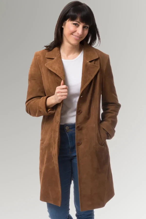 Lawrence Women's Brown Suede Lapel Collar Leather Long Coat