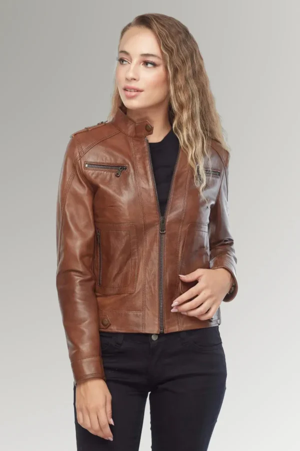 Lily women's Brown Slim Fit Biker Leather Jacket