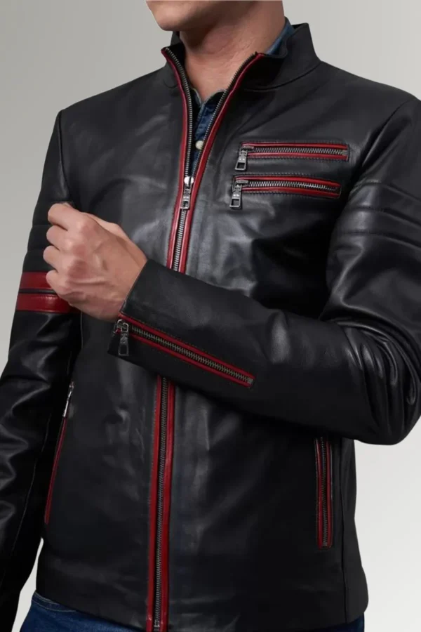 Murphy Men's Black Red Stripes Motorcycle Leather Jacket
