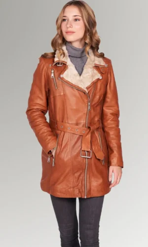 Natalya Mid-Length Brown Belted Leather Coat