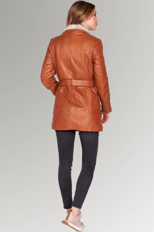 Natalya Mid-Length Brown Belted Leather Coat