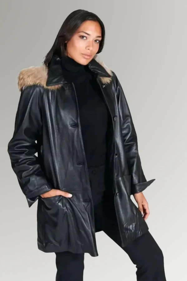 Oakley Women's Fur Hooded Collar Leather Trench Coat