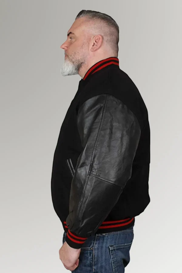 Olson Black Baseball Ripped Jacket With Leather Sleeves