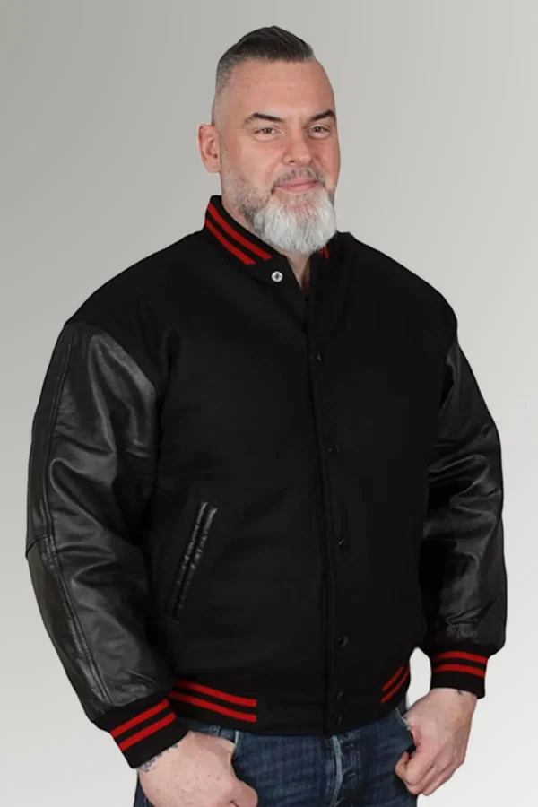 Olson Black Baseball Ripped Jacket With Leather Sleeves
