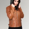Riley women's Camel Hooded Fashion Leather Jacket