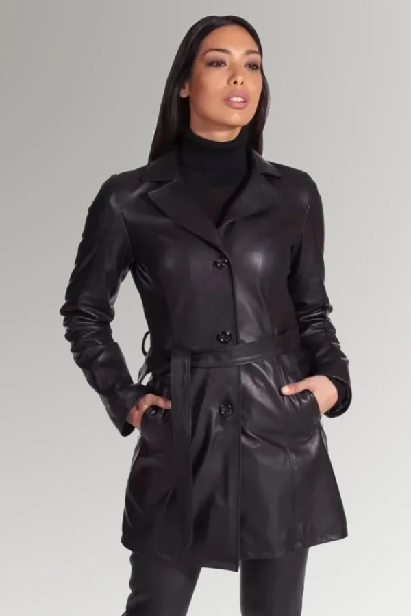 Ross Women's Black Hip-Length Leather Trench Coat