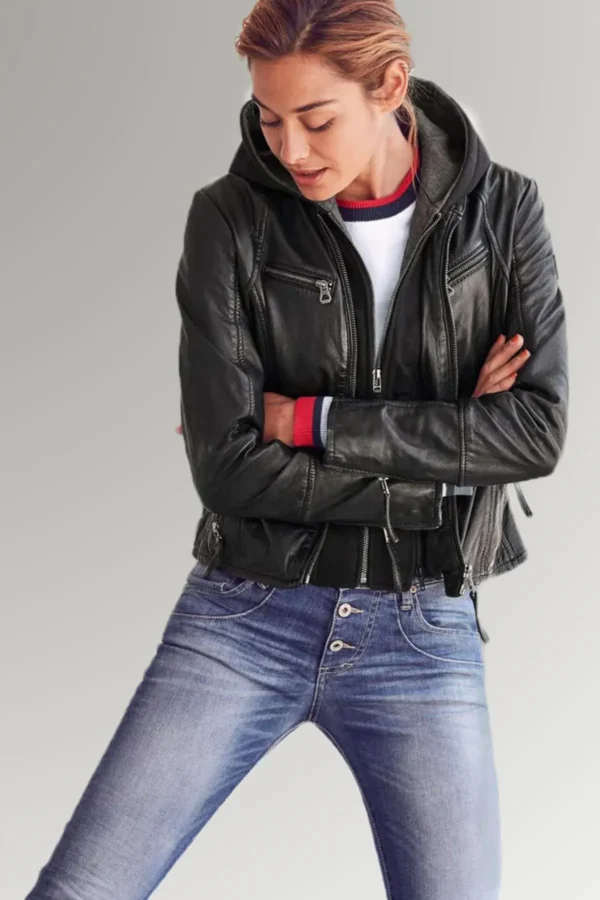 Samantha Women's Black Hooded Leather Jacket