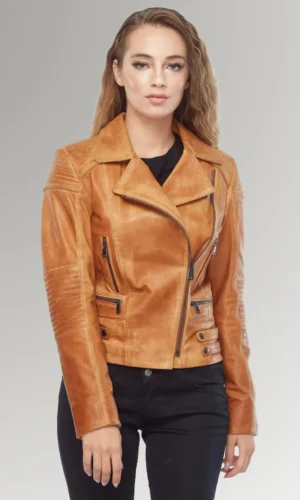 Shaw Women's Tan Biker Vintage Leather Jacket