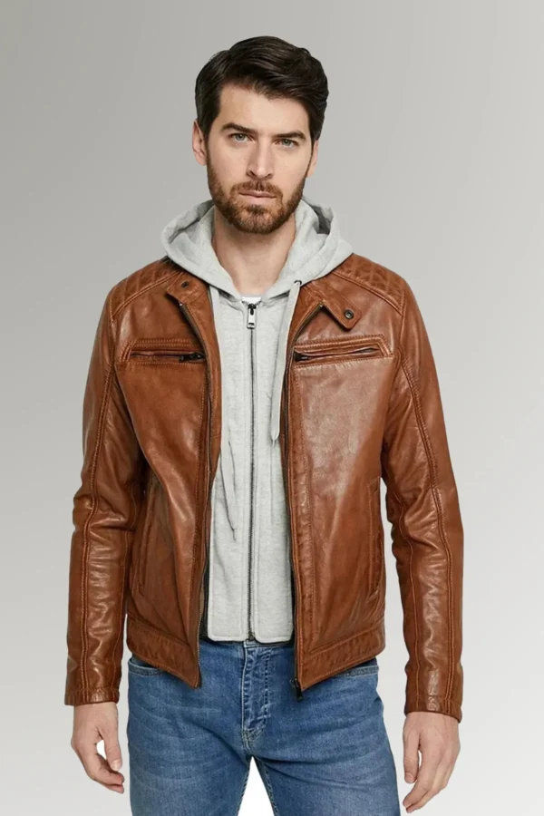 Simmons Men's Brown Hooded Motorcycle Leather Jacket