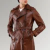 Smith Waxed Brown Genuine Belted Leather Blazer Trench Coat