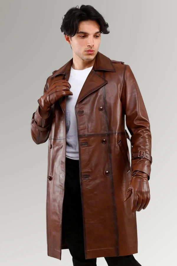 Smith Waxed Brown Genuine Belted Leather Blazer Trench Coat
