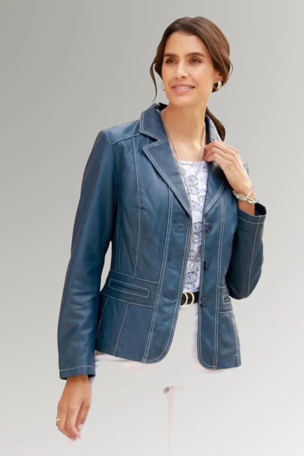 Tamia Ben Blue Women's Leather Blazer Coat