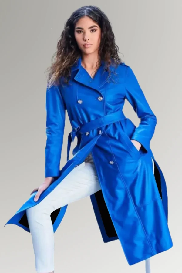 Taylor Women's Blue Double Breasted Leather Trench Coat