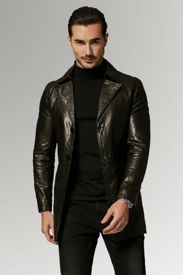 Vasquez Men's Dark Olive Green Blazer Buttoned Leather Coat