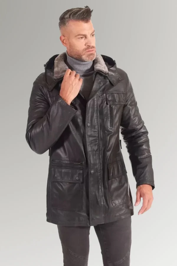 Armstrong Men's Black  Leather Coat With Detachable Hood